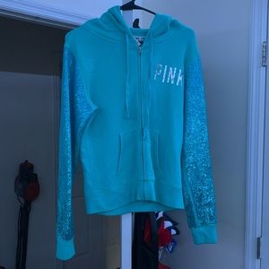 Turquoise Sequin Zip Up Hoodie Jacket.